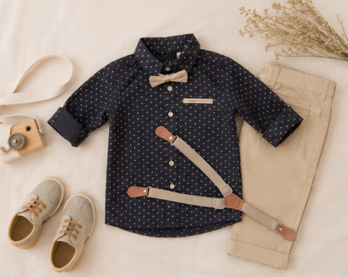 Boys Formal Outfit Set | Black Polka Dot Shirt, Beige Pants, Bow Tie & Suspenders | Toddler Wedding Outfit | Birthday Clothes | Ring Bearer Suit