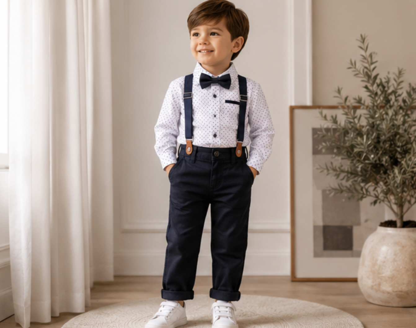 Boys Formal Suit Set | White Polka Dot Shirt, Navy Pants, Bow Tie & Suspenders | Ring Bearer Outfit | Wedding & Birthday Clothes