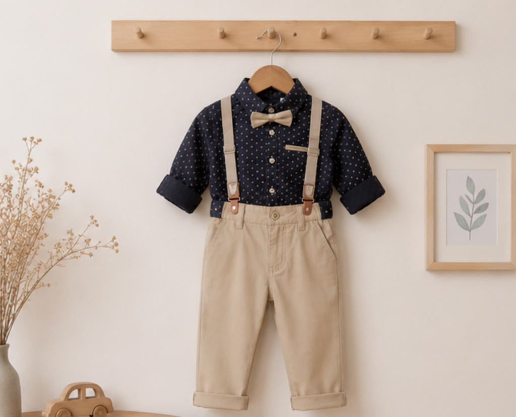 Boys Formal Outfit Set | Black Polka Dot Shirt, Beige Pants, Bow Tie & Suspenders | Toddler Wedding Outfit | Birthday Clothes | Ring Bearer Suit