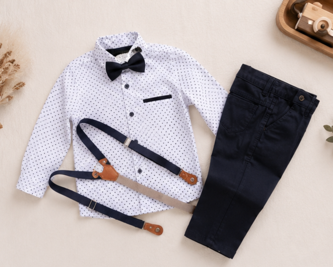 Boys Formal Suit Set | White Polka Dot Shirt, Navy Pants, Bow Tie & Suspenders | Ring Bearer Outfit | Wedding & Birthday Clothes