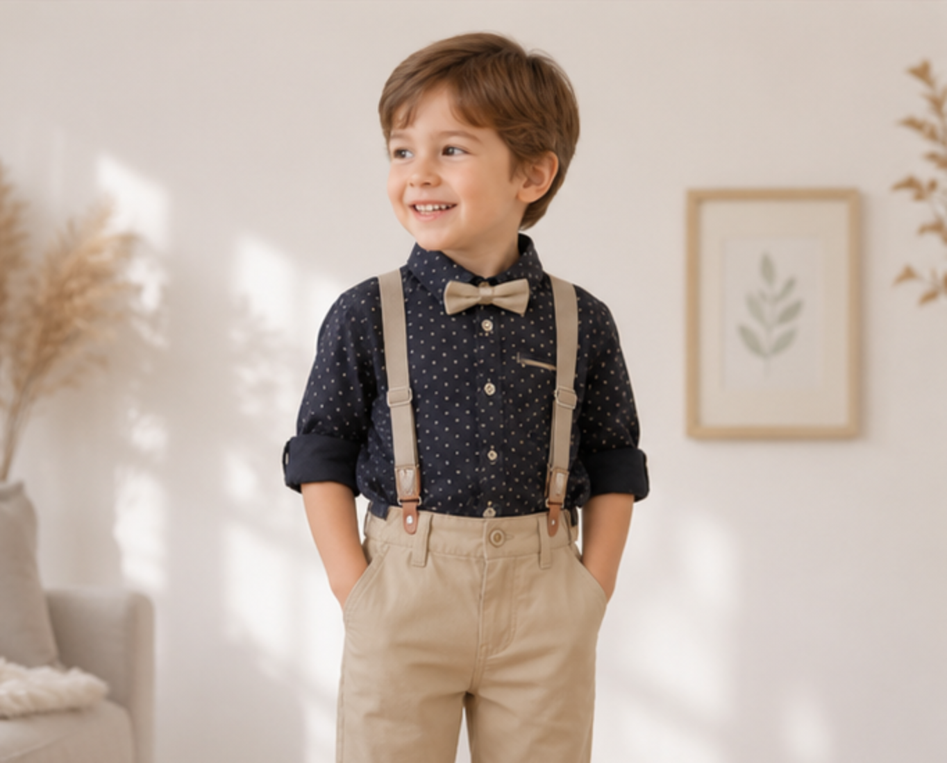 Boys Formal Outfit Set | Black Polka Dot Shirt, Beige Pants, Bow Tie & Suspenders | Toddler Wedding Outfit | Birthday Clothes | Ring Bearer Suit