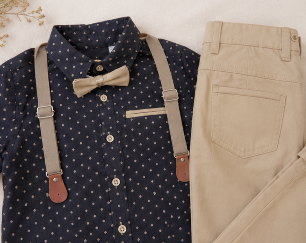 Boys Formal Outfit Set | Black Polka Dot Shirt, Beige Pants, Bow Tie & Suspenders | Toddler Wedding Outfit | Birthday Clothes | Ring Bearer Suit