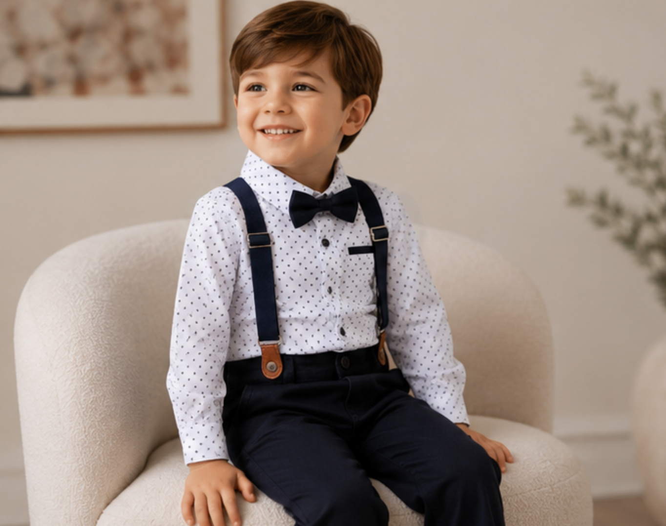 Boys Formal Suit Set | White Polka Dot Shirt, Navy Pants, Bow Tie & Suspenders | Ring Bearer Outfit | Wedding & Birthday Clothes