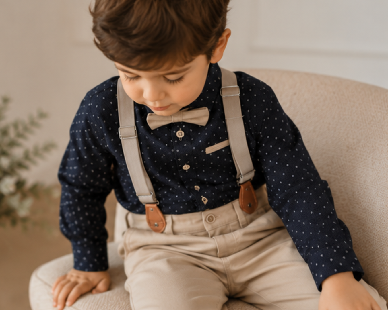 Boys Formal Outfit Set | Black Polka Dot Shirt, Beige Pants, Bow Tie & Suspenders | Toddler Wedding Outfit | Birthday Clothes | Ring Bearer Suit