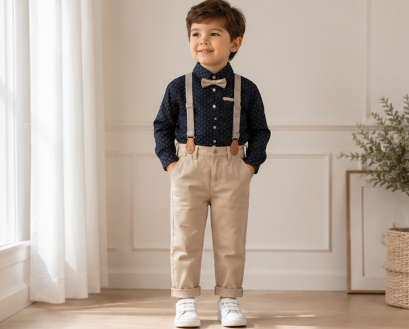 Boys Formal Outfit Set | Black Polka Dot Shirt, Beige Pants, Bow Tie & Suspenders | Toddler Wedding Outfit | Birthday Clothes | Ring Bearer Suit