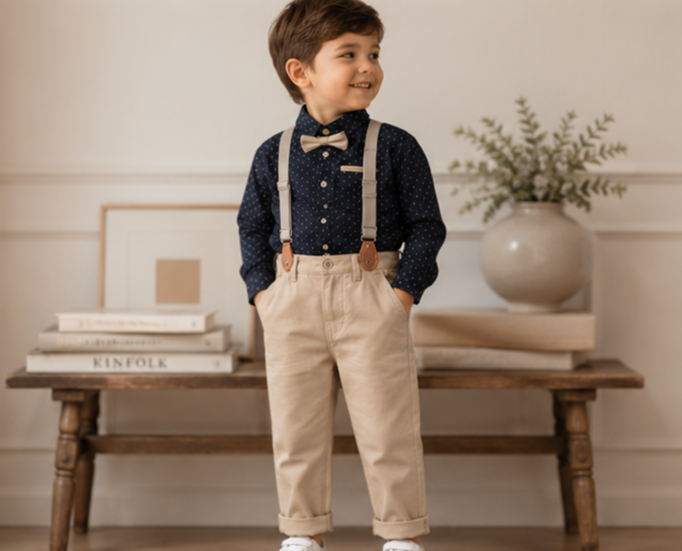 Boys Formal Outfit Set | Black Polka Dot Shirt, Beige Pants, Bow Tie & Suspenders | Toddler Wedding Outfit | Birthday Clothes | Ring Bearer Suit