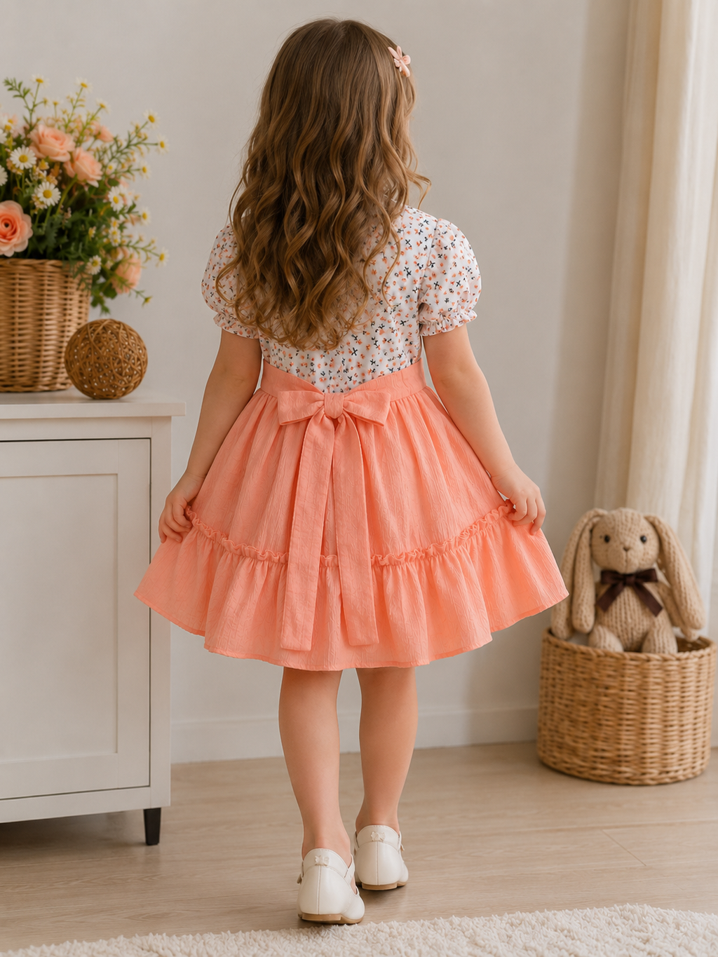 Girls Floral Cotton Dress with Teddy Charm