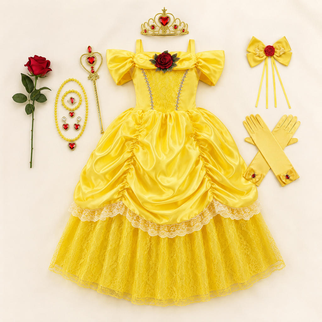 Mädchen Belle Prinzessinnenkleid – Gelbes Partykleid mit Puffärmeln, Cosplay Kostüm