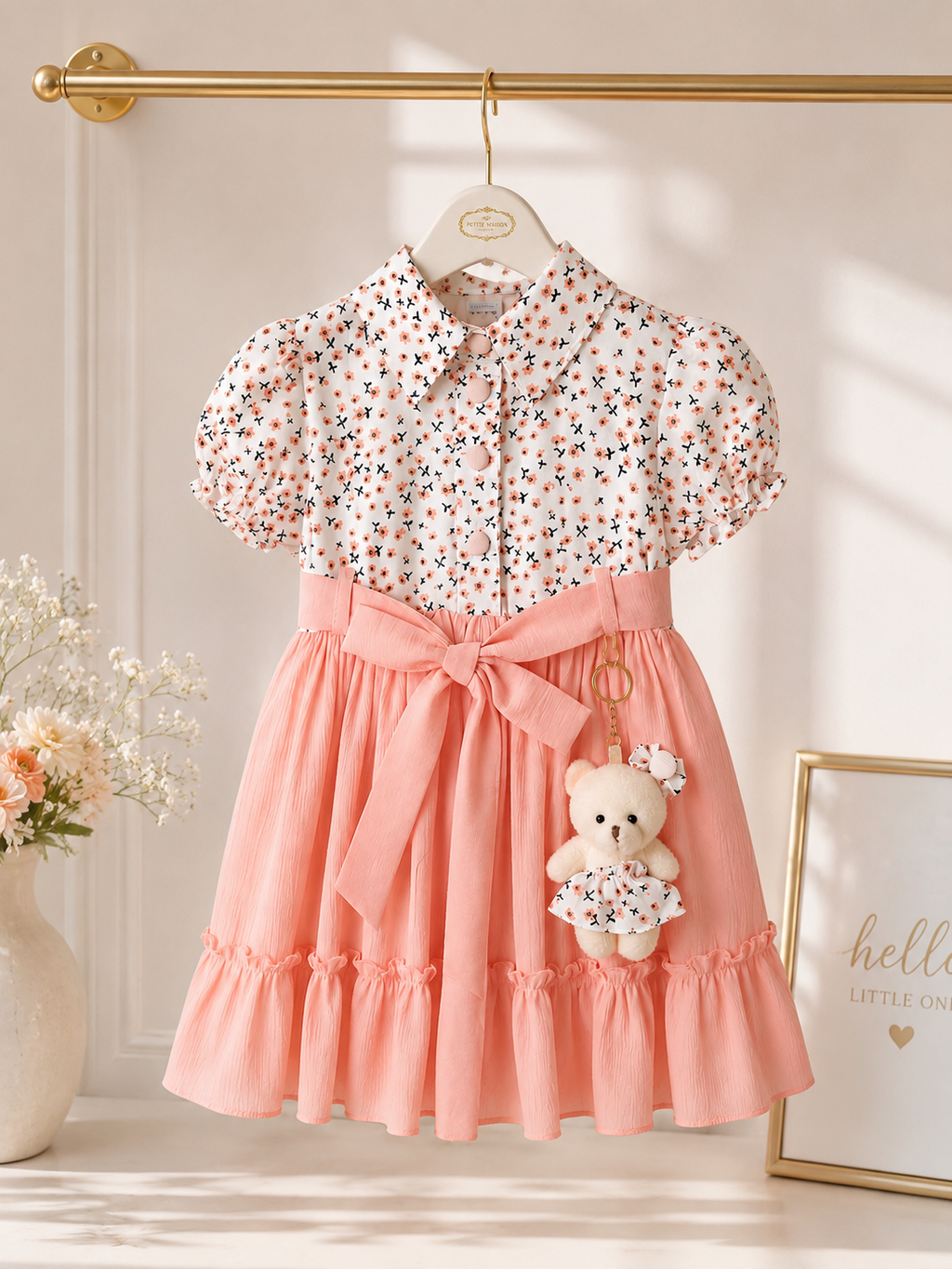 Girls Floral Cotton Dress with Teddy Charm