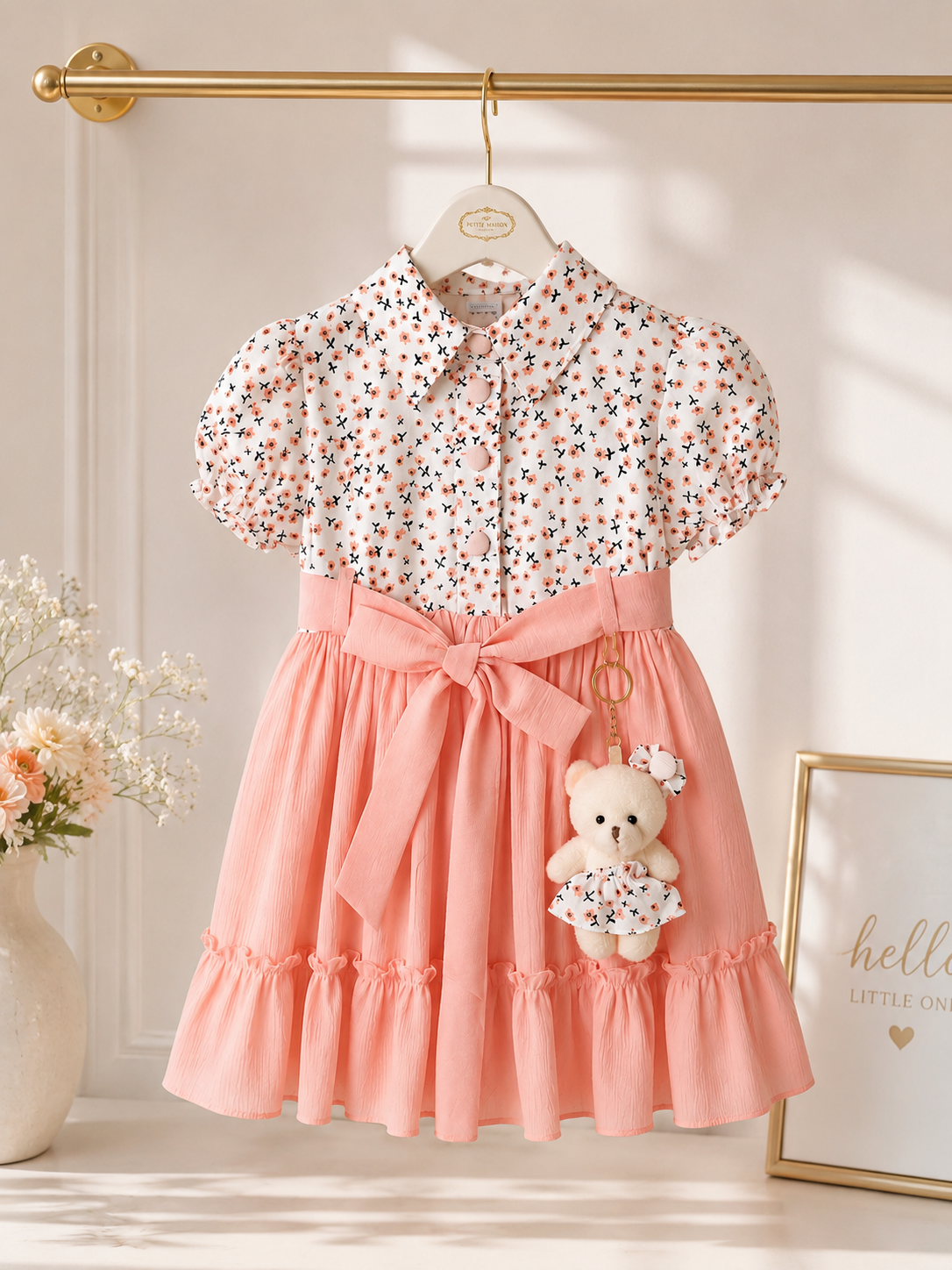 Girls Floral Cotton Dress with Teddy Charm