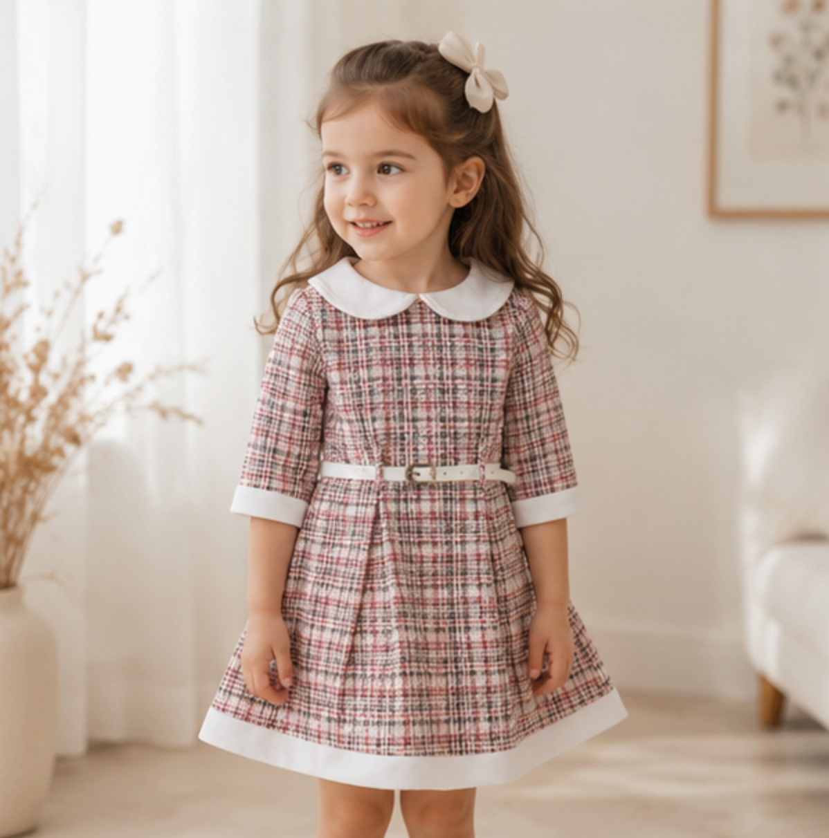 Boutique Girls Tweed Dress | Peter Pan Collar Party Dress with Belt