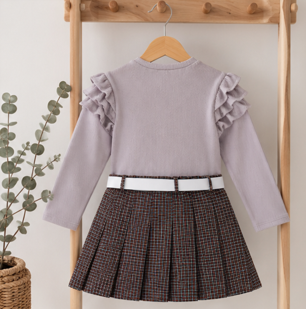 Mädchen 3-teiliges Set: Strickpullover, Faltenrock und Umhängetasche – 6–10 Jahre