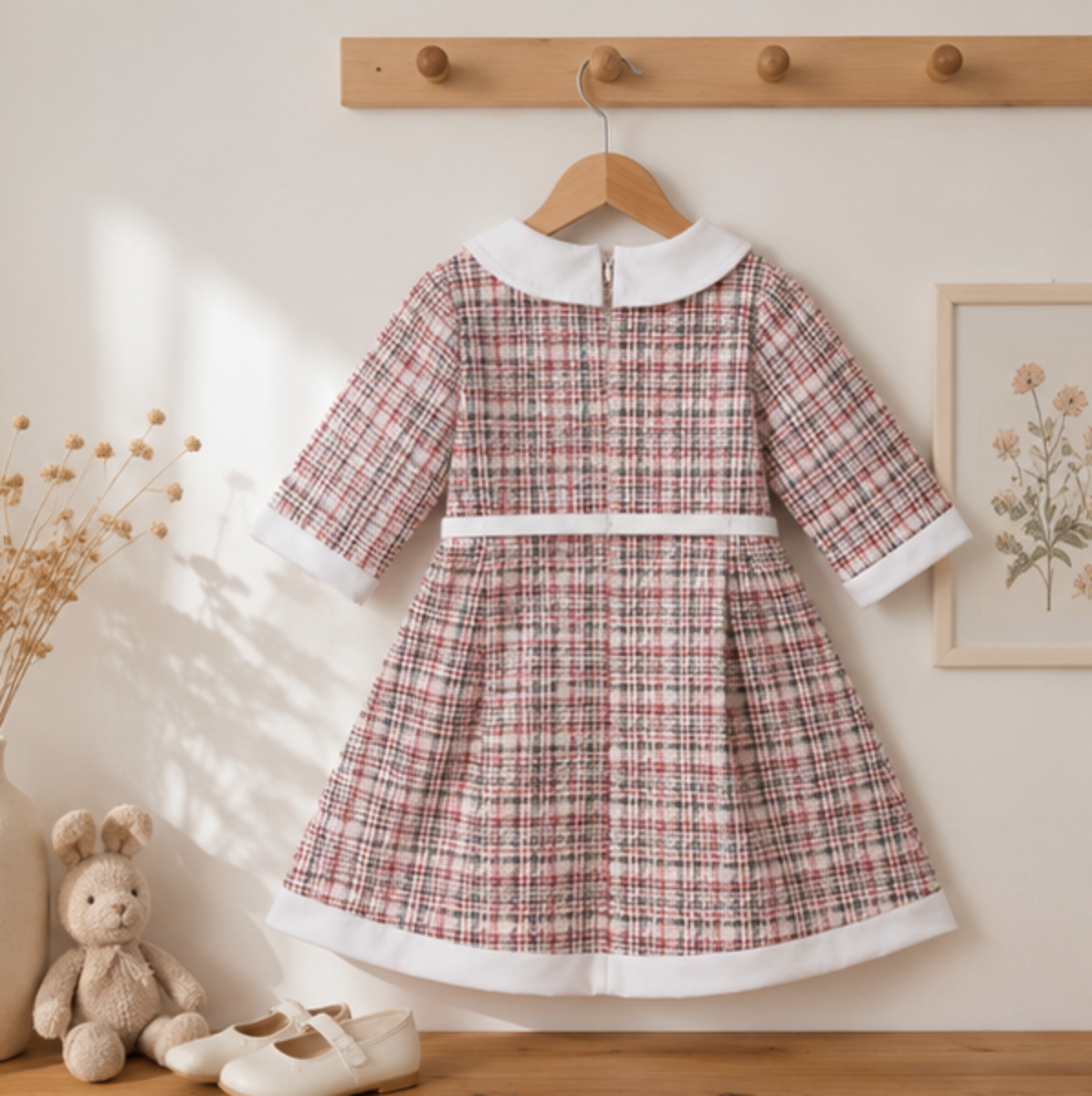 Boutique Girls Tweed Dress | Peter Pan Collar Party Dress with Belt