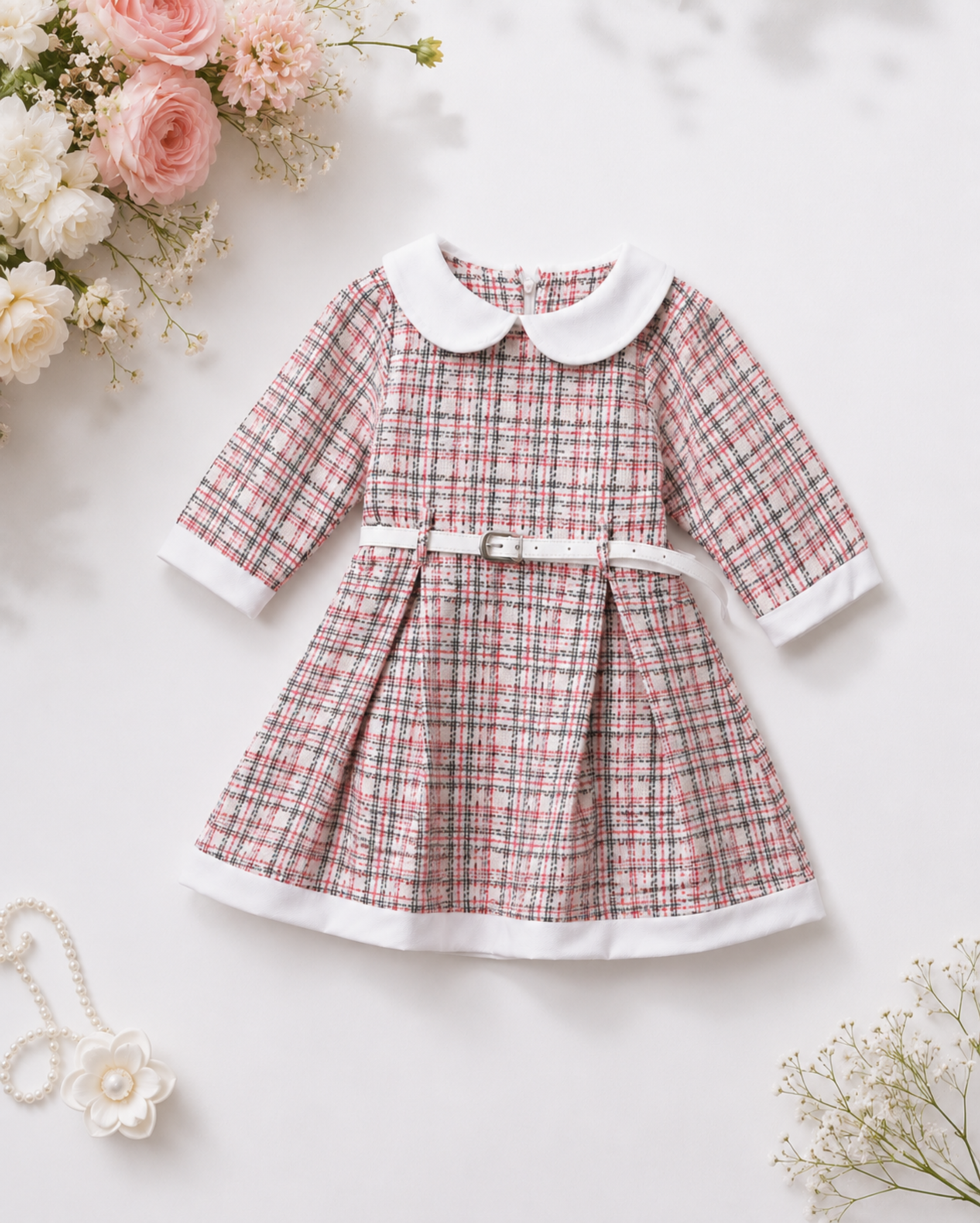 Boutique Girls Tweed Dress | Peter Pan Collar Party Dress with Belt
