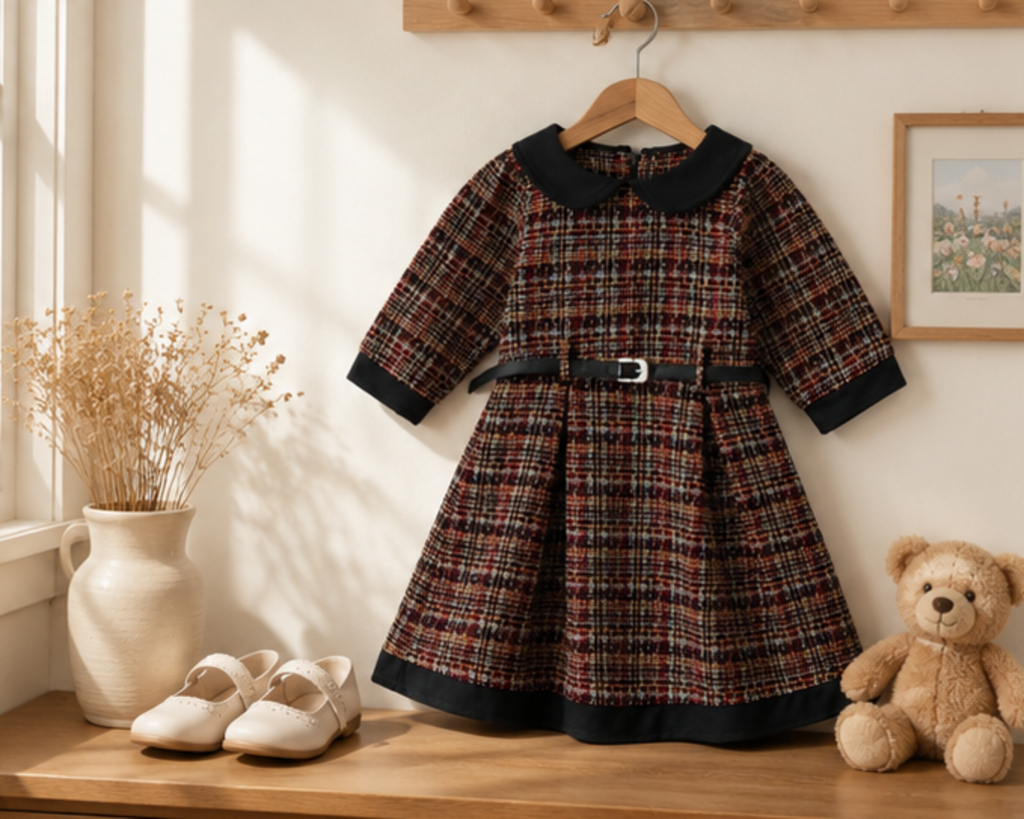 Mädchen Tweed-Kleid mit Peter-Pan-Kragen und Gürtel – Festkleid, 5–9 Jahre