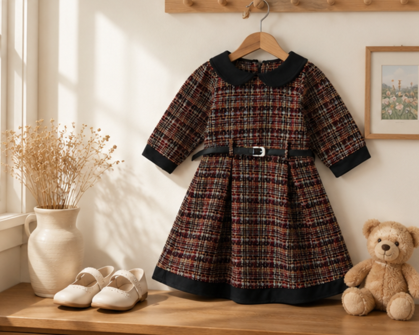 Mädchen Tweed-Kleid mit Peter-Pan-Kragen und Gürtel – Festkleid, 5–9 Jahre
