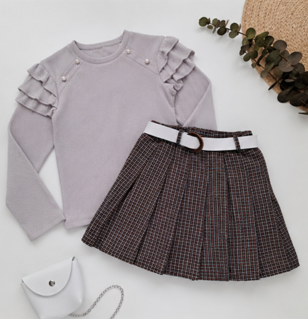 Mädchen 3-teiliges Set: Strickpullover, Faltenrock und Umhängetasche – 6–10 Jahre
