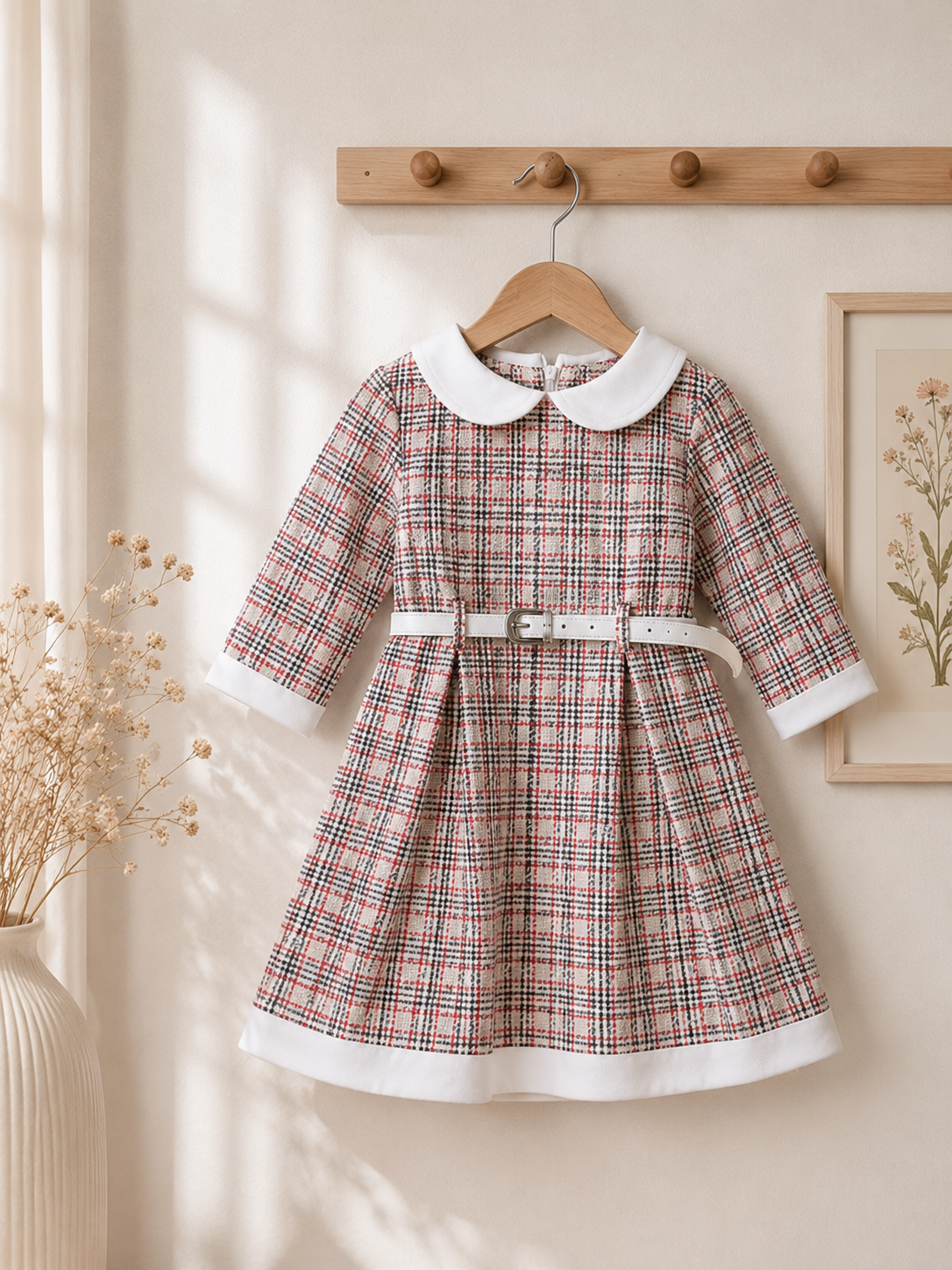 Boutique Girls Tweed Dress | Peter Pan Collar Party Dress with Belt