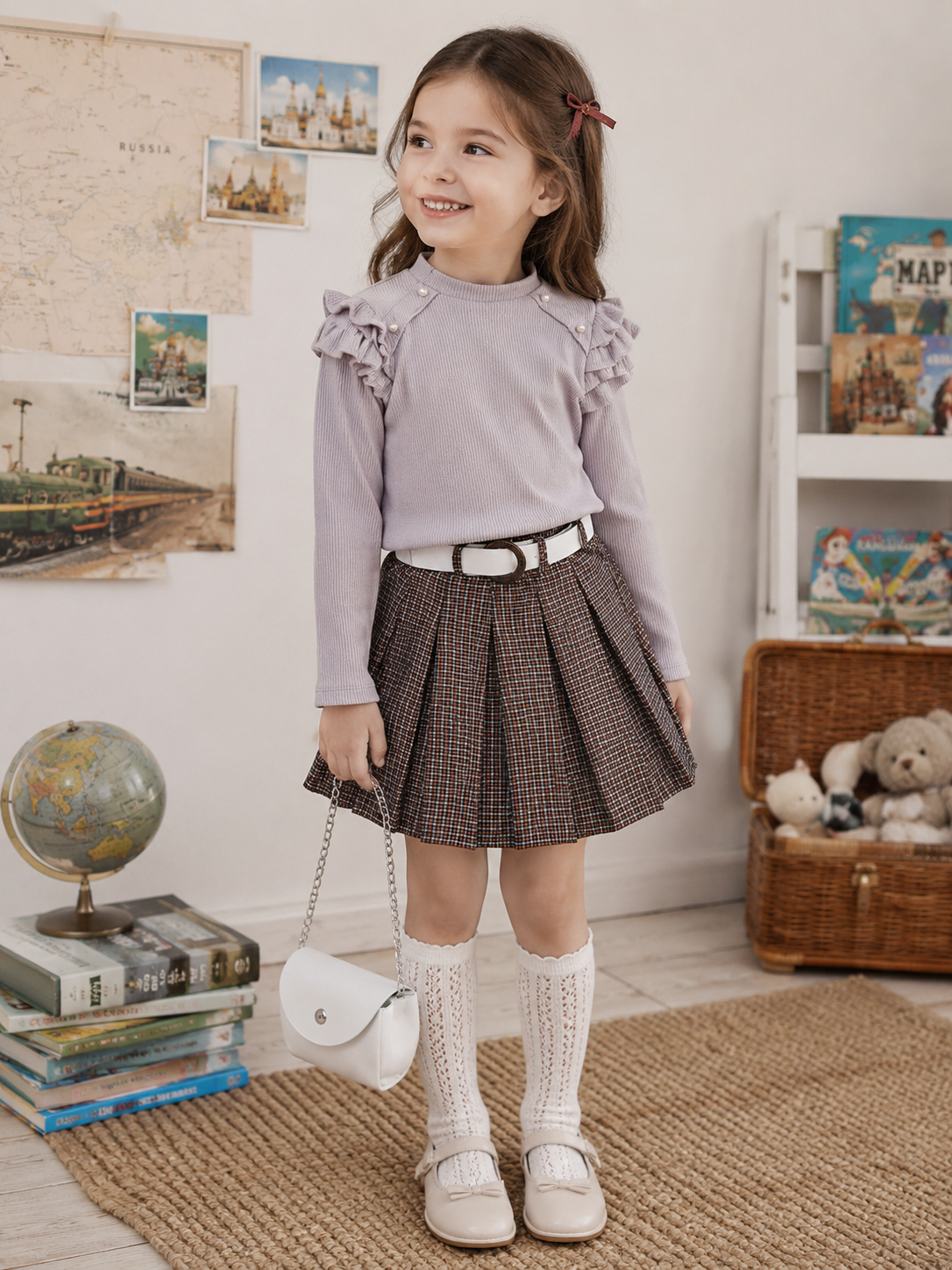 Mädchen 3-teiliges Set: Strickpullover, Faltenrock und Umhängetasche – 6–10 Jahre