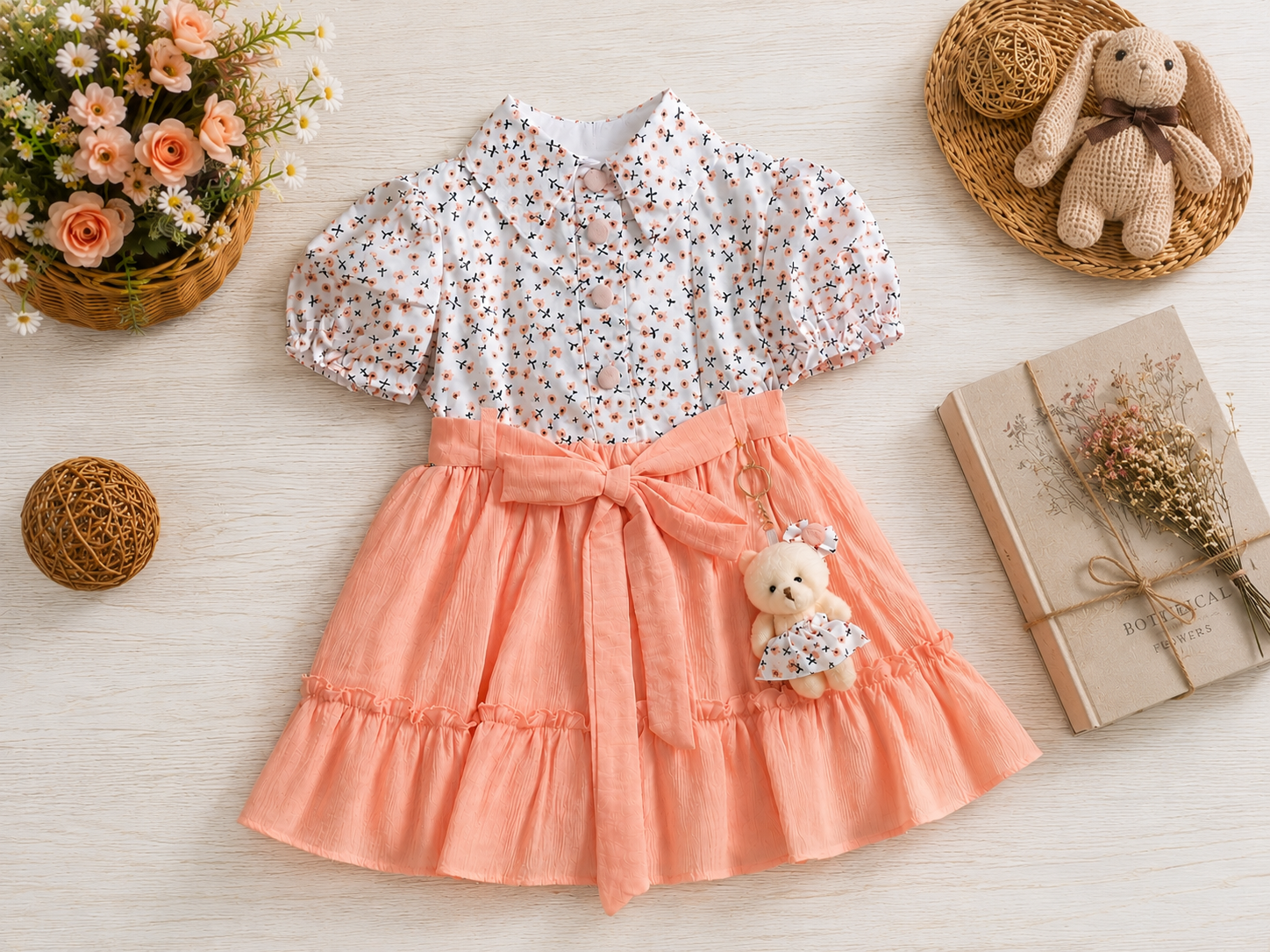 Girls Floral Cotton Dress with Teddy Charm