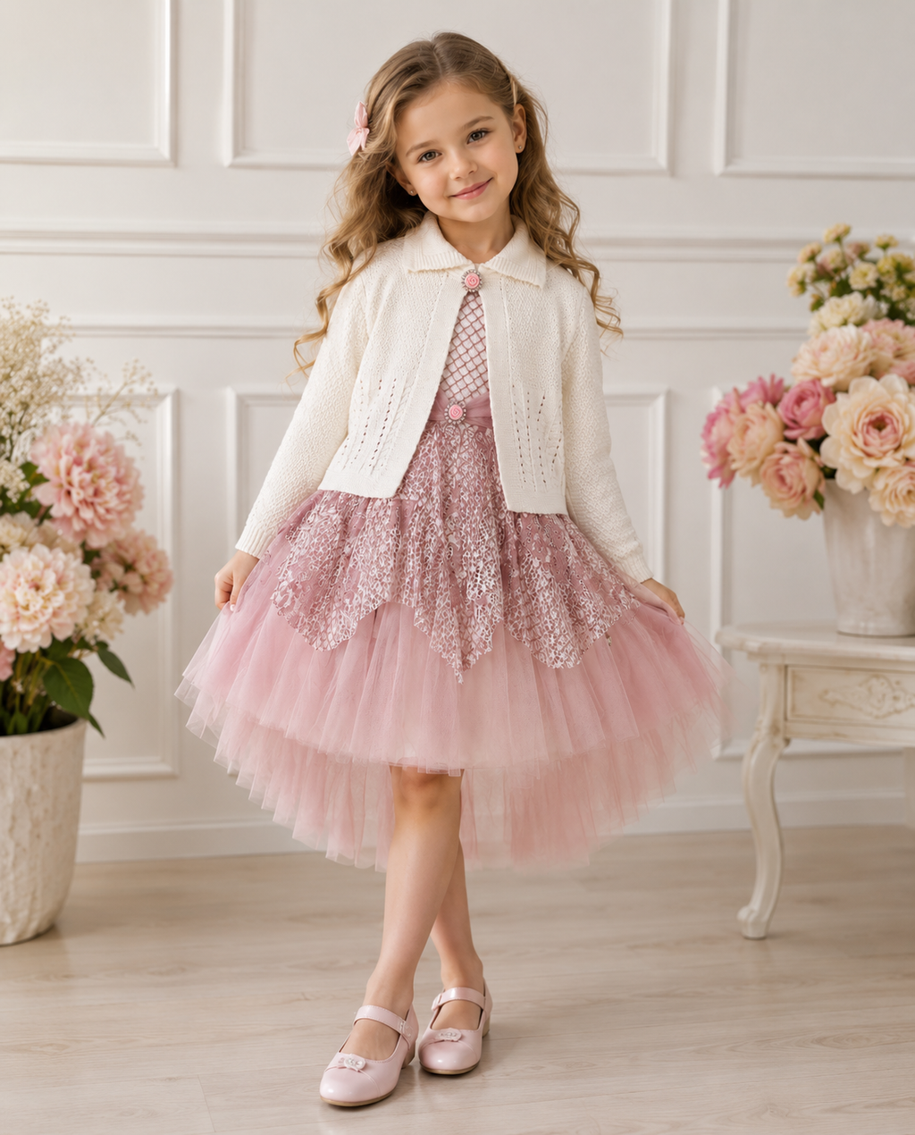 Mädchen Tüllkleid mit Strickjacke – Festset Blush Pink, 2–5 Jahre