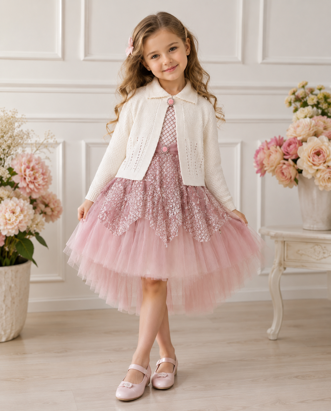 Mädchen Tüllkleid mit Strickjacke – Festset Blush Pink, 2–5 Jahre