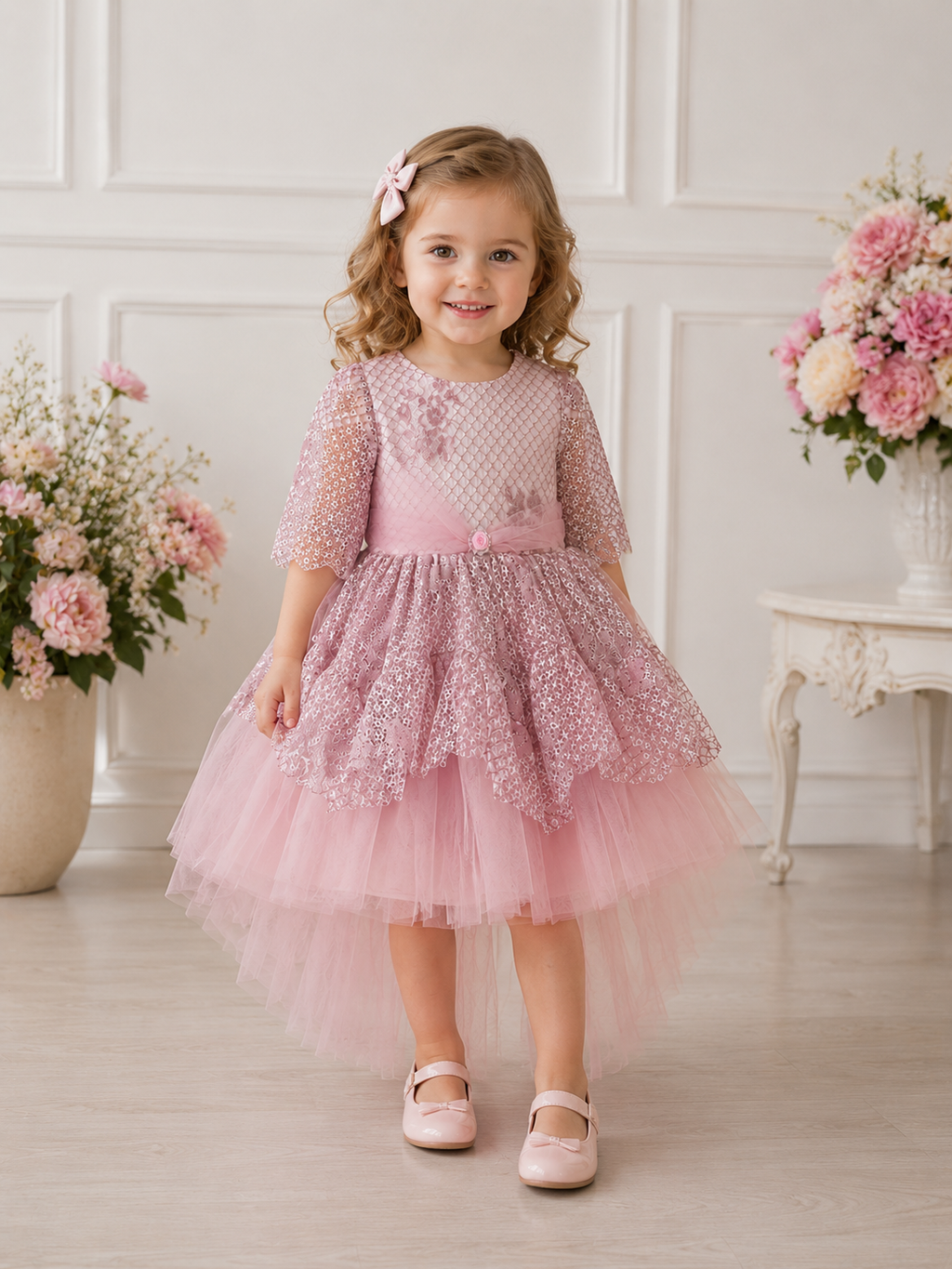 Mädchen Tüllkleid mit Strickjacke – Festset Blush Pink, 2–5 Jahre