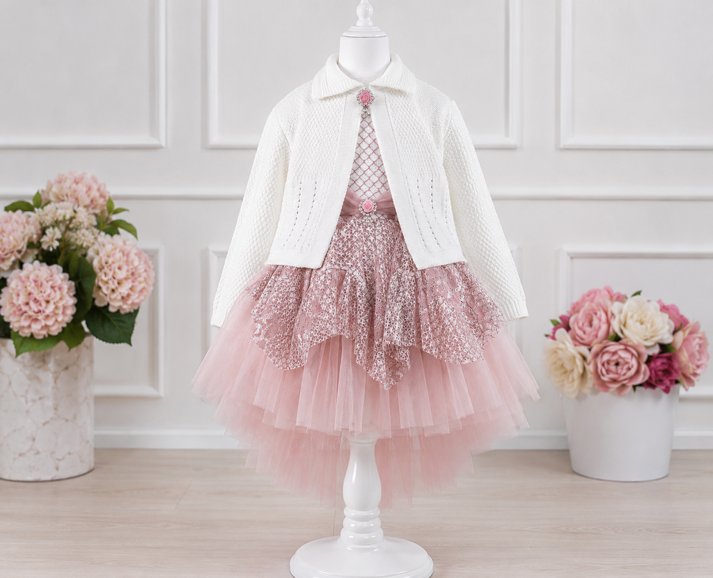 Mädchen Tüllkleid mit Strickjacke – Festset Blush Pink, 2–5 Jahre