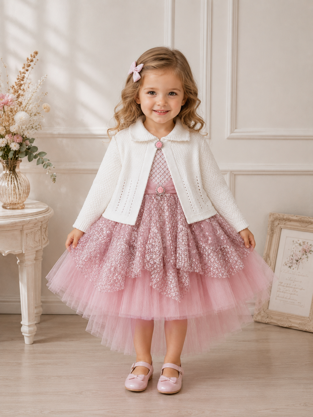 Mädchen Tüllkleid mit Strickjacke – Festset Blush Pink, 2–5 Jahre