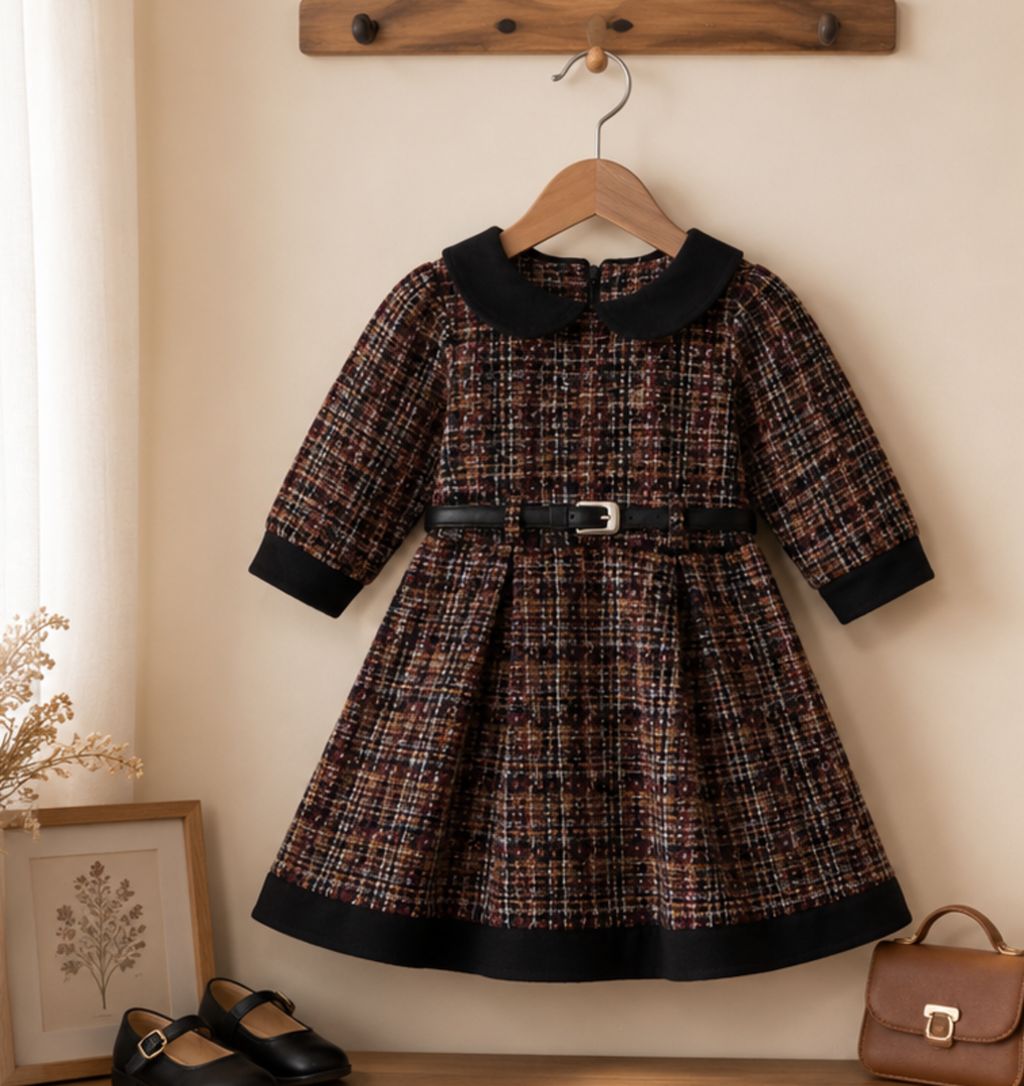Mädchen Tweed-Kleid mit Peter-Pan-Kragen und Gürtel – Festkleid, 5–9 Jahre