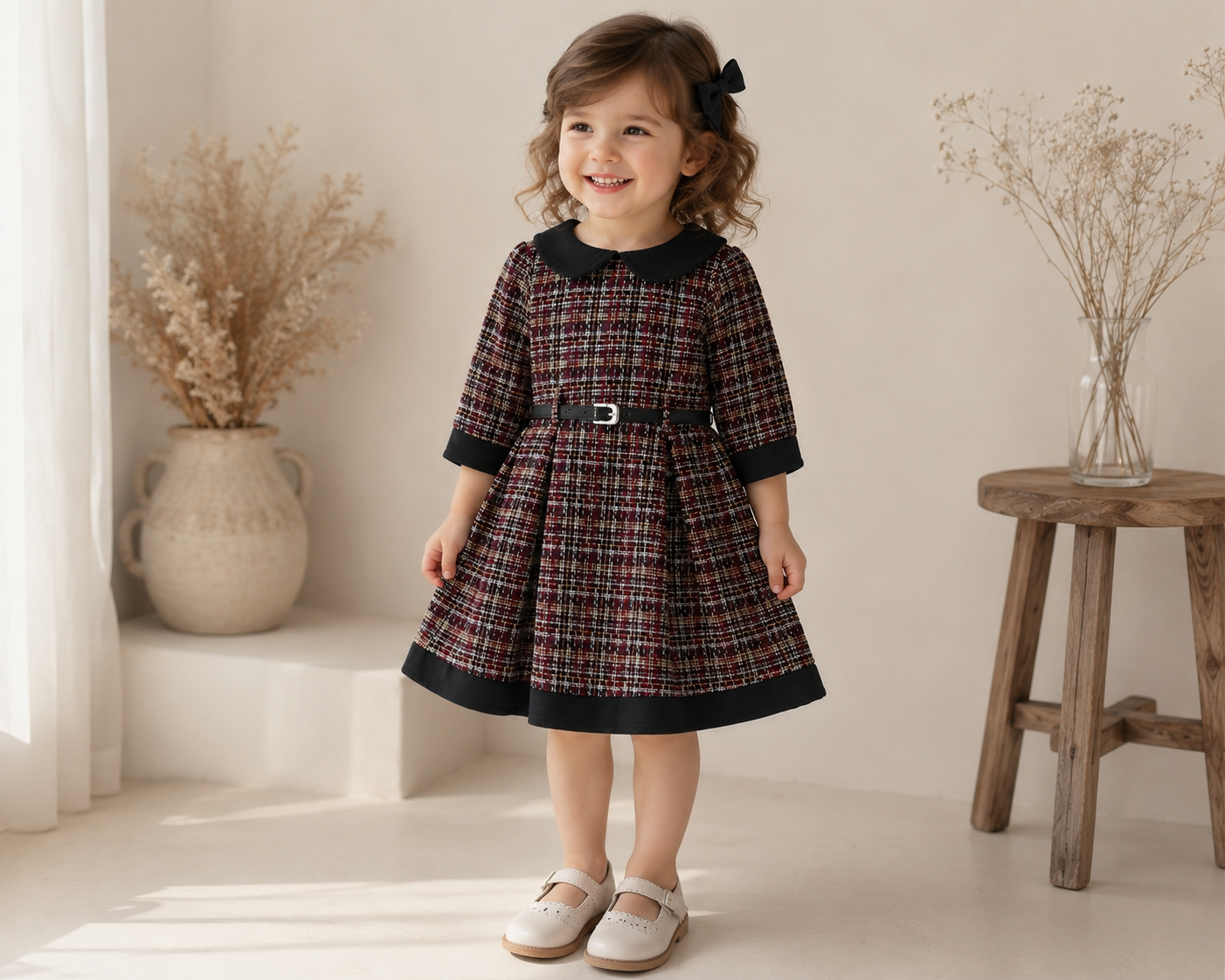 Mädchen Tweed-Kleid mit Peter-Pan-Kragen und Gürtel – Festkleid, 5–9 Jahre