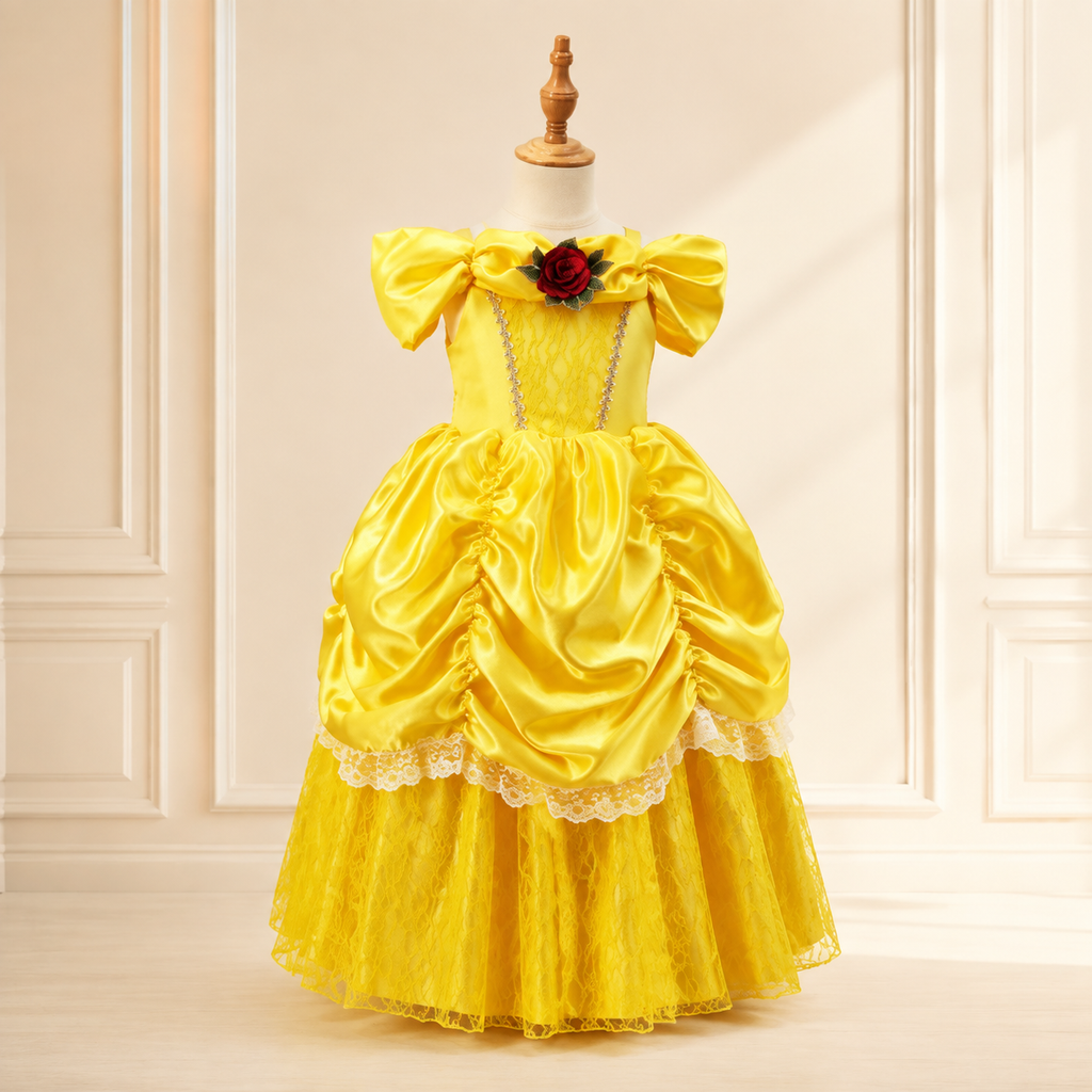 Mädchen Belle Prinzessinnenkleid – Gelbes Partykleid mit Puffärmeln, Cosplay Kostüm