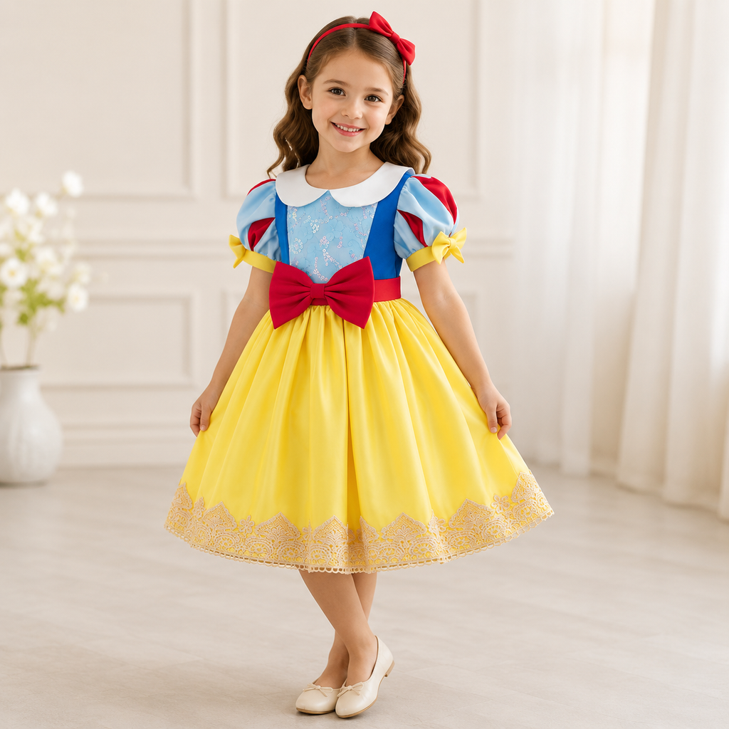 Mädchen Schneewittchen Prinzessin Kostüm-Kleid mit Haarband – Cosplay Partykleid, Gelb
