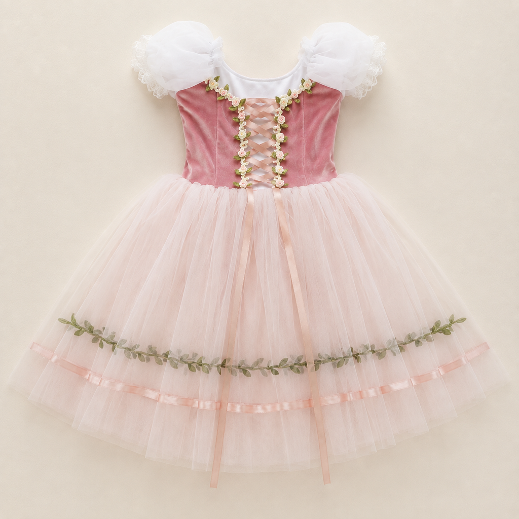Mädchen Ballettkleid Ballerina Kostüm mit Puffärmeln, Tüll & Schleifen – Tanzkleid Rosa