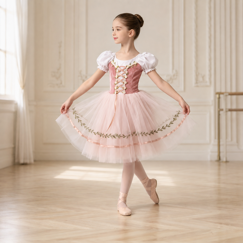 Mädchen Ballettkleid Ballerina Kostüm mit Puffärmeln, Tüll & Schleifen – Tanzkleid Rosa