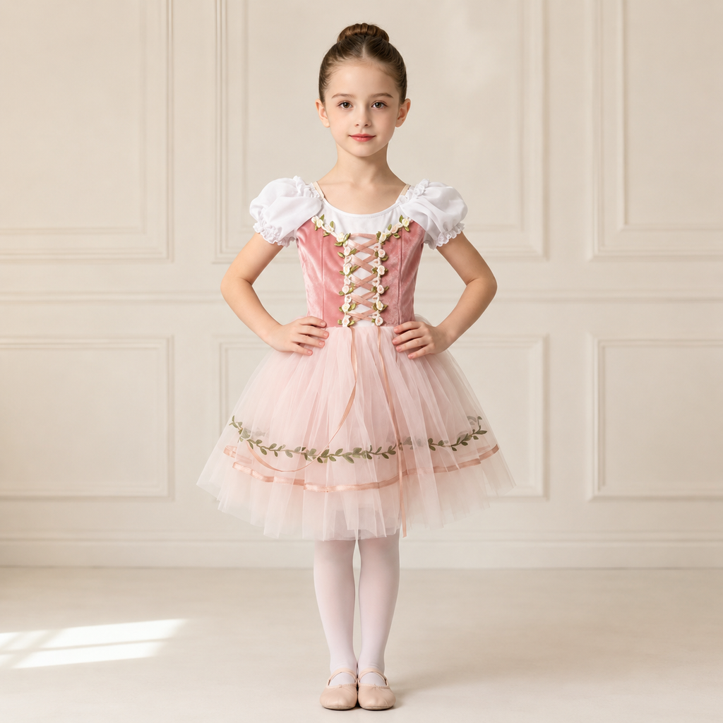 Mädchen Ballettkleid Ballerina Kostüm mit Puffärmeln, Tüll & Schleifen – Tanzkleid Rosa