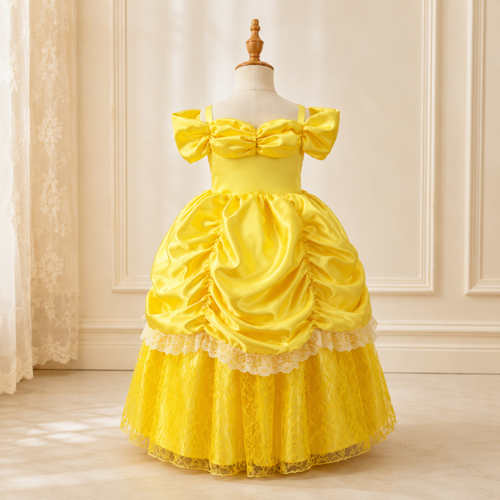 Mädchen Belle Prinzessinnenkleid – Gelbes Partykleid mit Puffärmeln, Cosplay Kostüm