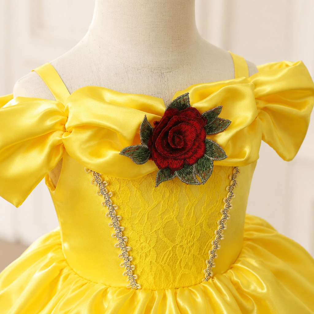 Mädchen Belle Prinzessinnenkleid – Gelbes Partykleid mit Puffärmeln, Cosplay Kostüm