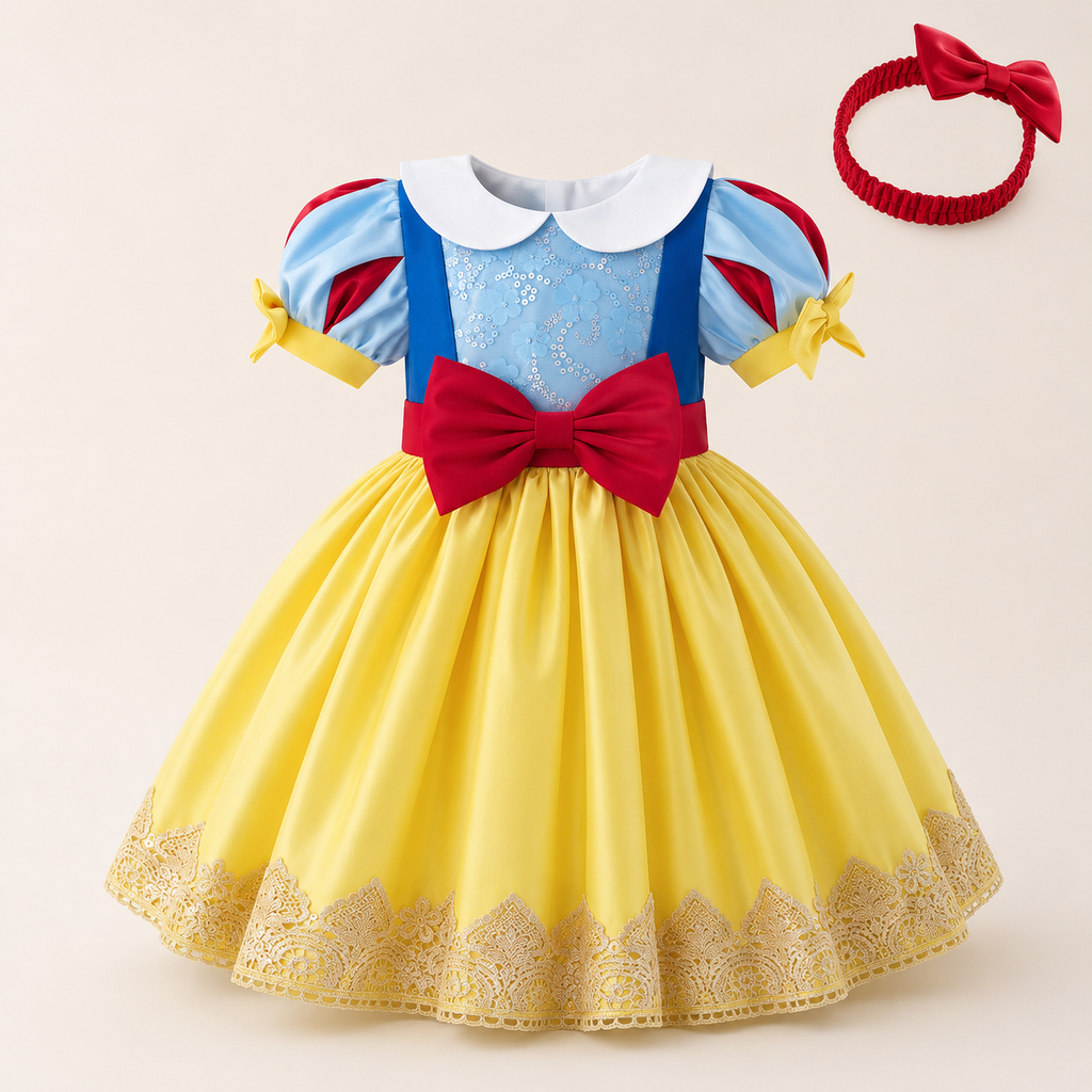 Mädchen Schneewittchen Prinzessin Kostüm-Kleid mit Haarband – Cosplay Partykleid, Gelb